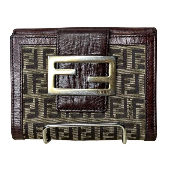 Authentic FENDI Zuccino Brown Canvas Leather Bifold Wallet